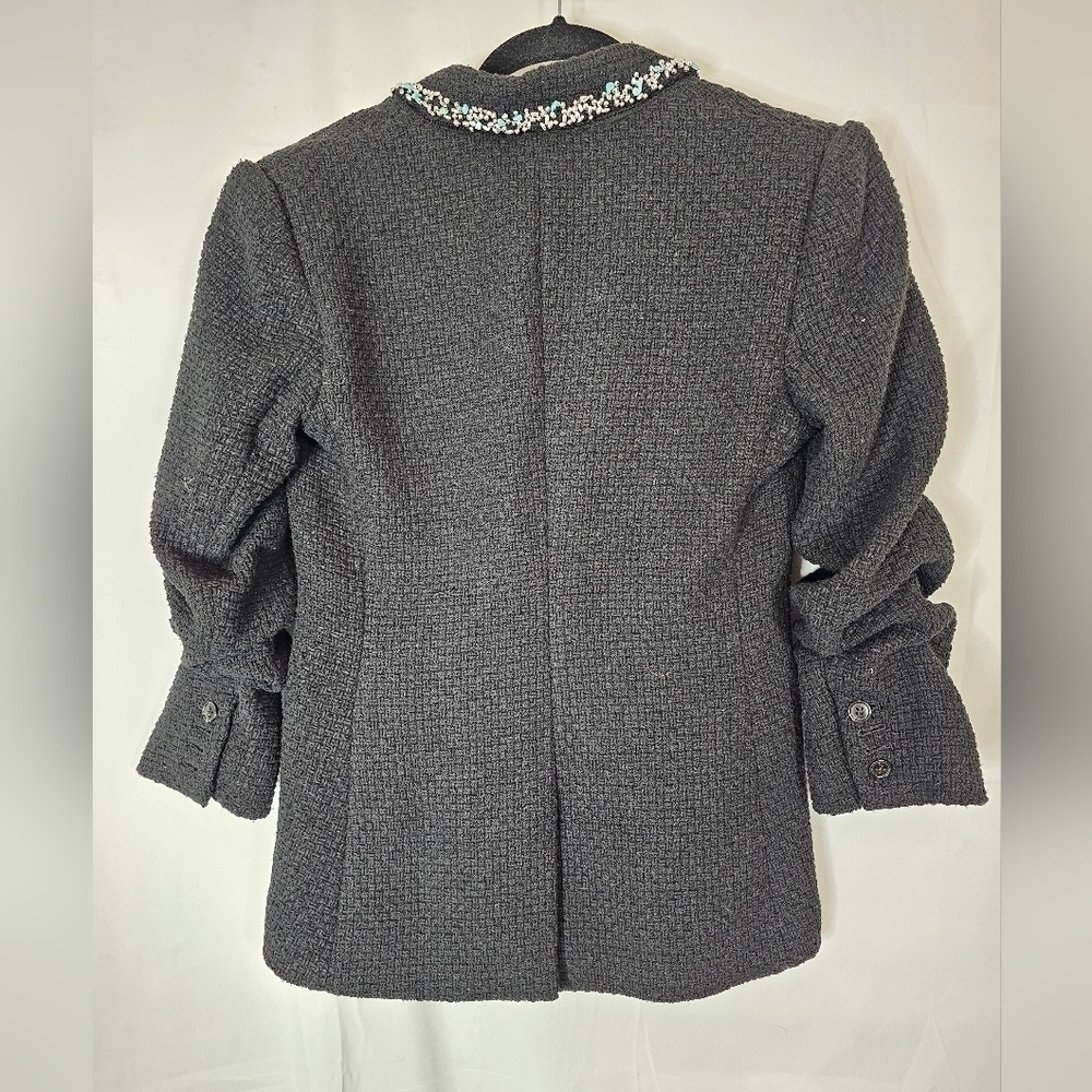 DEREK Lam 10 Crosby size 2 black gathered sleeve tweed blazer turquoise stones - Picture 5 of 6